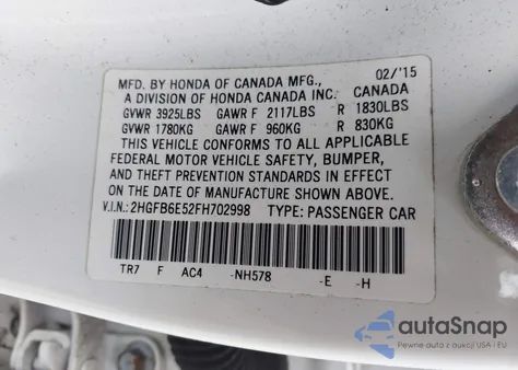2015 Honda Civic Si from USA, damaged, VIN 2HGFB6E52FH702998